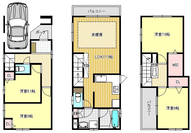 Floor plan. (A Building), Price 33,800,000 yen, 4LDK, Land area 66.14 sq m , Building area 109.24 sq m