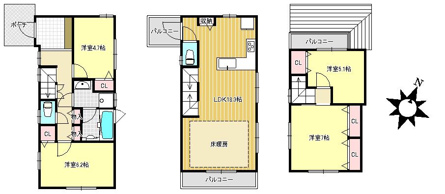 Floor plan. (E Building), Price 32,800,000 yen, 4LDK, Land area 76.63 sq m , Building area 96.96 sq m