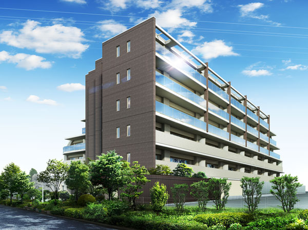 Buildings and facilities. In facade design that explores the urban modern, Ashirai glass handrail full of clarity the outer wall tile of dark brown toned accents, While being smart was also highlights the beautiful personality. It was aimed at the creation of architectural beauty that mirror the pride of the people live. (Exterior view)