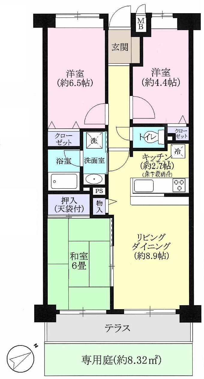 Floor plan. 3LDK, Price 18.9 million yen, Occupied area 59.62 sq m , Balcony area 7.49 sq m