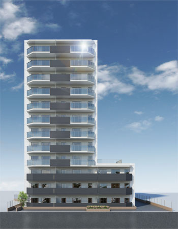 Shared facilities.  [Standing proudly wore the sunlight] Liberating space of about 92% corner dwelling unit rate. While in harmony with the streets around, Show a cosmopolitan appearance form exceptional presence in the simple on the ground 12-story claiming "Plessis Tateishi". (Exterior - Rendering /  ※ Which was raised drawn based on drawing, In fact a slightly different.  ※ Tree species of planting ・ For the size of the, It has become unsettled, No attempt has been made to grow to about Rendering at the time of completion. Also planting does not indicate the status of a particular season)