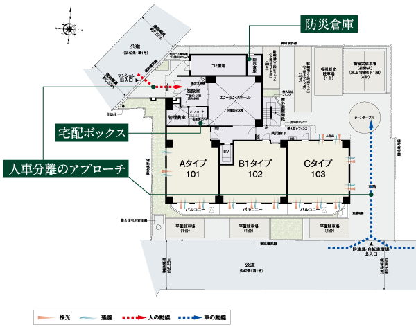 Shared facilities.  [People-friendly design to live that pulled attention to detail] Double-security apartment with excellent crime prevention. entrance, Life support for peace of mind home foyer before the double security to prevent suspicious person of intrusion, To protect the family of smile. Because approach of human cars separating people to each dwelling unit from Entrance, The car can be accessed smoothly into the parking space from a dedicated gate. Has achieved a flow line in consideration of the safety divide the flow line of people and vehicles. (Site layout)