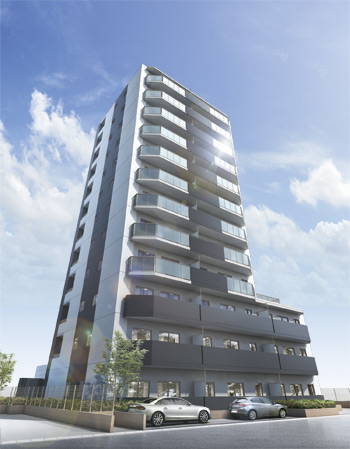 Buildings and facilities. Liberating space of about 92% corner dwelling unit rate (percentage of the total dwelling unit). While in harmony with the streets around, Show a cosmopolitan appearance form exceptional presence in the simple on the ground 12-story claiming "Plessis Tateishi". (Exterior - Rendering /  ※ Which was raised drawn based on drawing, In fact a slightly different.  ※ Tree species of planting ・ For the size of the, It has become unsettled, No attempt has been made to grow to about Rendering at the time of completion. Also planting does not indicate the status of a particular season)