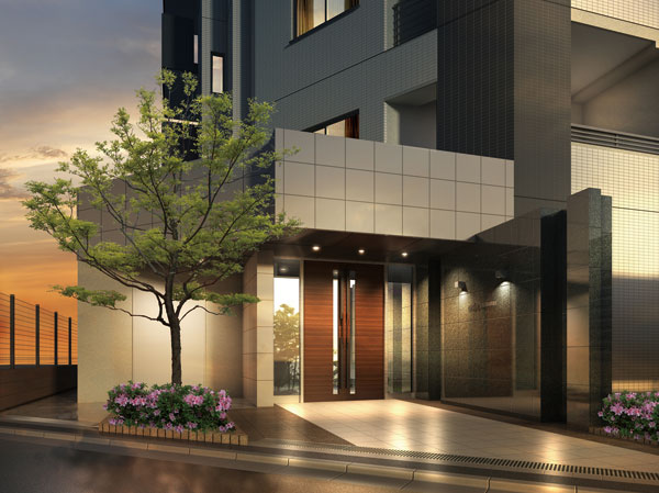 Buildings and facilities. Magnificent entrance using carefully selected materials. The design was pulled attention to detail, We create a comfortable, high-quality space. ( ※ Which was raised drawn based on drawing, In fact a slightly different.  ※ Tree species of planting ・ For the size of the, It has become unsettled, No attempt has been made to grow to about Rendering at the time of completion. Also planting does not indicate the status of a particular season)