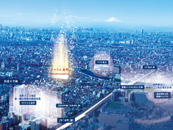 Surrounding environment. It evolved in the re-development "Kanamachi". Complex is at the station south exit "Vinashisu Kanamachi", About 71000 large municipal park "Katsushika Shinjuku future park" of sq m has been completed.