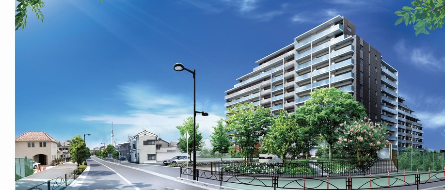 The south side of the local, Spacious sidewalks and green dazzling roadside tree is followed by (synthesis of Exterior - Rendering and peripheral photo, Which was the CG processing, In fact a slightly different)