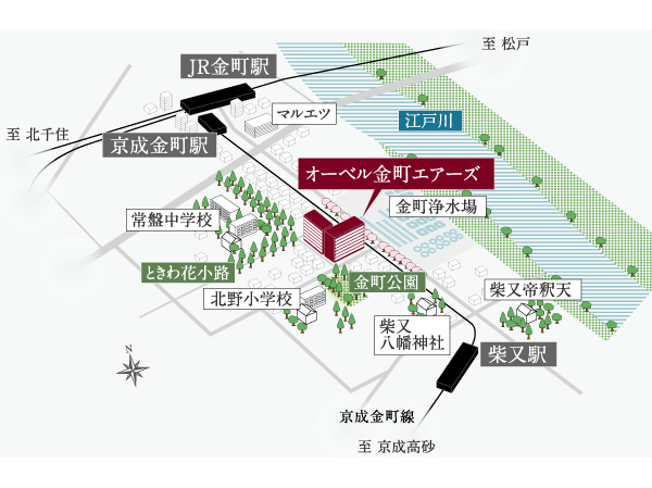 Surrounding environment. JR Joban Line "Kanamachi" station, Keiseikanamachi line "Keiseikanamachi" station ・ "Shibamata" of station, 3 Station 2 lines Available. And highly convenient Kanamachi area, Downtown emotion overflowing Shibamata area, In the land that you can enjoy the 2 town of charm, Day-to-day comfort starts. And, To the birth of "Oberstdorf Kanamachi Ayers" is, Calm place to be wrapped in lush greenery and friendly air. And convenient every day, Both calm some life, You Kanae. (Rich conceptual diagram)