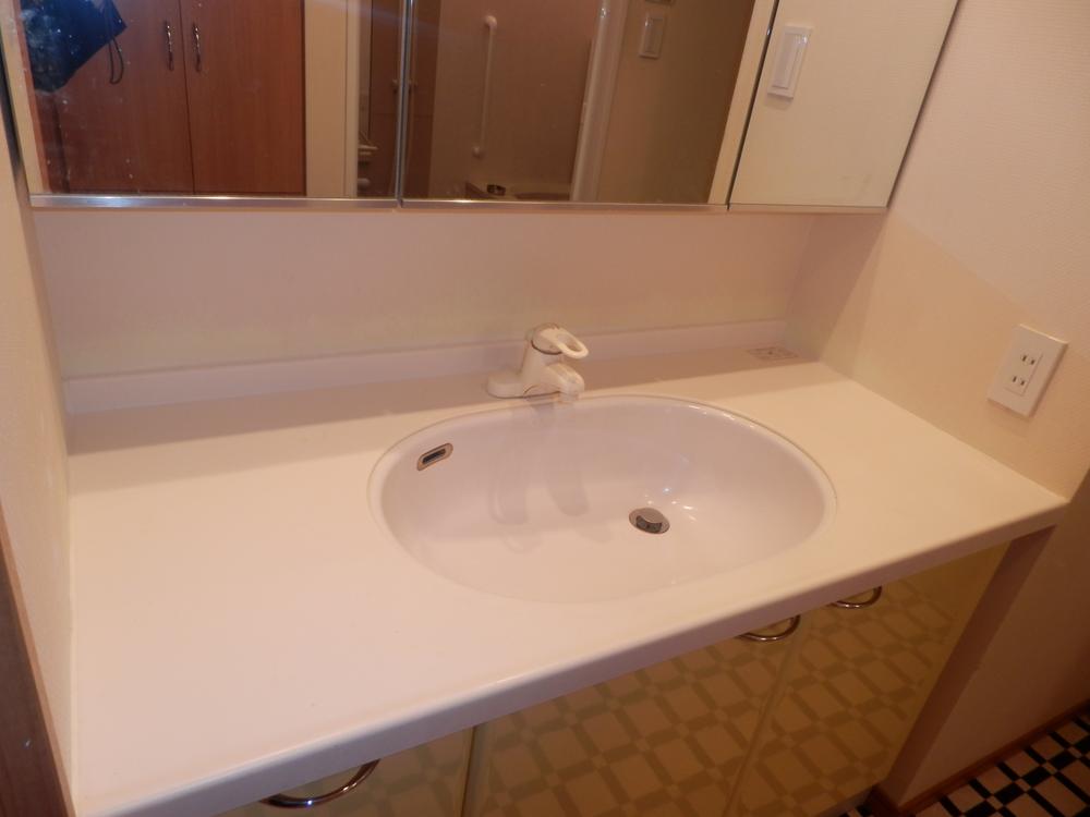 Wash basin, toilet. Indoor (11 May 2013) Shooting. Basin is a vanity with a three-sided mirror.