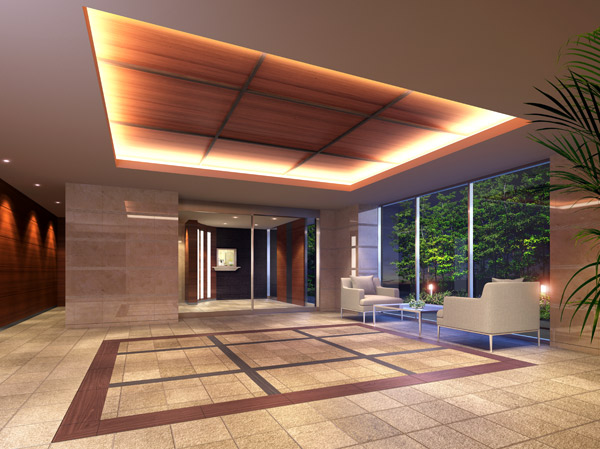 Buildings and facilities. Entrance Hall, such as the drawing room that quiet time is flowing. Entrance hall is tailored to high-quality sublime space. Magnificent design floor was divided to paste the tile of natural stone-like in three colors. Lush courtyard with views to the large glass over the, It gives you the modest excitement and peace of time to the viewer. Nestled sofa set the drawing room of the mansion as an image, Place of dwelling towards relaxation of, It can also be used as a place for chat with important guest. (Entrance Hall Rendering)