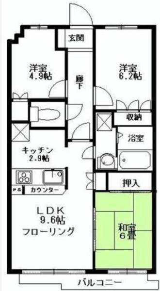 Floor plan. 3LDK, Price 24,800,000 yen, Occupied area 62.95 sq m , Balcony area 6.97 sq m