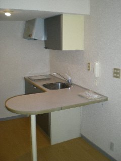 Living and room. Stylish counter kitchen