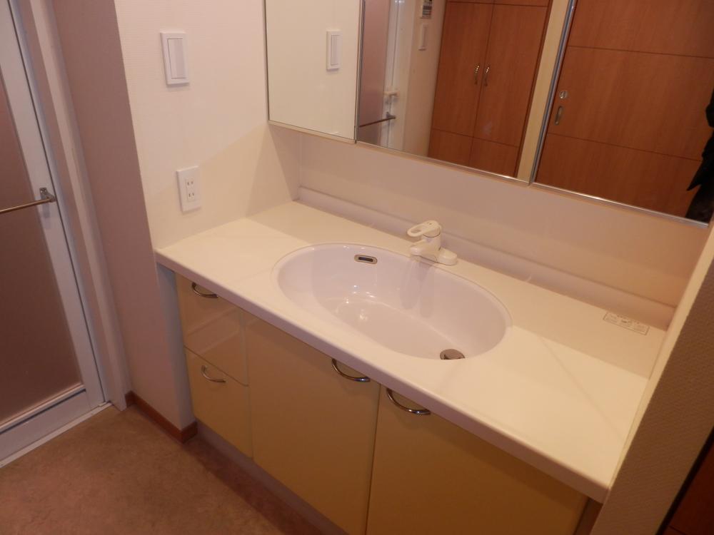 Wash basin, toilet. Indoor (12 May 2013) Shooting. Shower is washed with a vanity with a three-sided mirror.