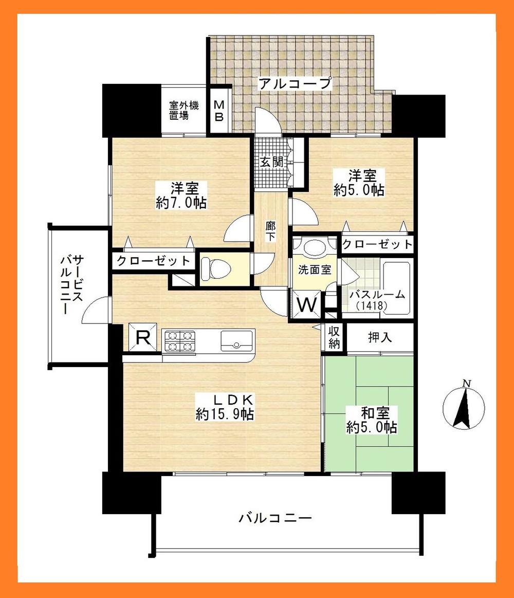 Floor plan. 3LDK, Price 30,800,000 yen, Footprint 71 sq m , Balcony area 13.55 sq m southwest angle room. Two-sided balcony