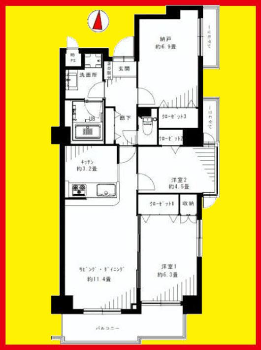 Floor plan. 2LDK + S (storeroom), Price 24,800,000 yen, Occupied area 73.81 sq m , Balcony area 9.36 sq m