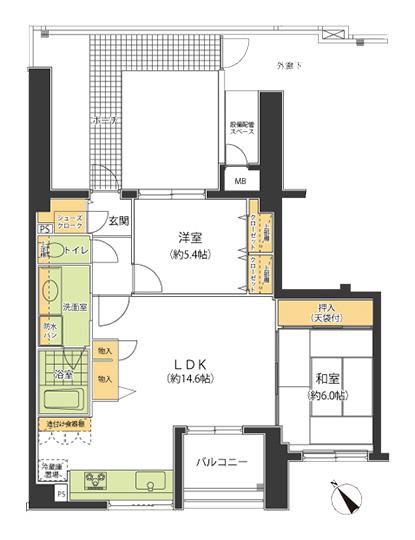 Floor plan. 2LDK, Price 28.8 million yen, Occupied area 63.13 sq m , Balcony area 5.4 sq m