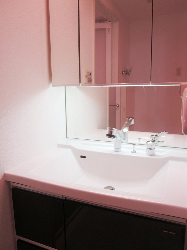 Wash basin, toilet. Vanity triple mirror