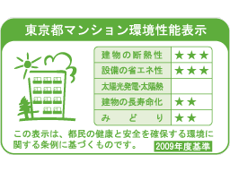 Building structure.  [Tokyo apartment environmental performance display] To large-scale new construction or extension condominium sales advertising, "Thermal insulation of buildings.", "Equipment of energy conservation.", "Solar power ・ Solar thermal ", "The life of the building.", It is a system that requires the display of a label indicating the five environmental performance of "green".  ※ For more information see "Housing term large Dictionary"