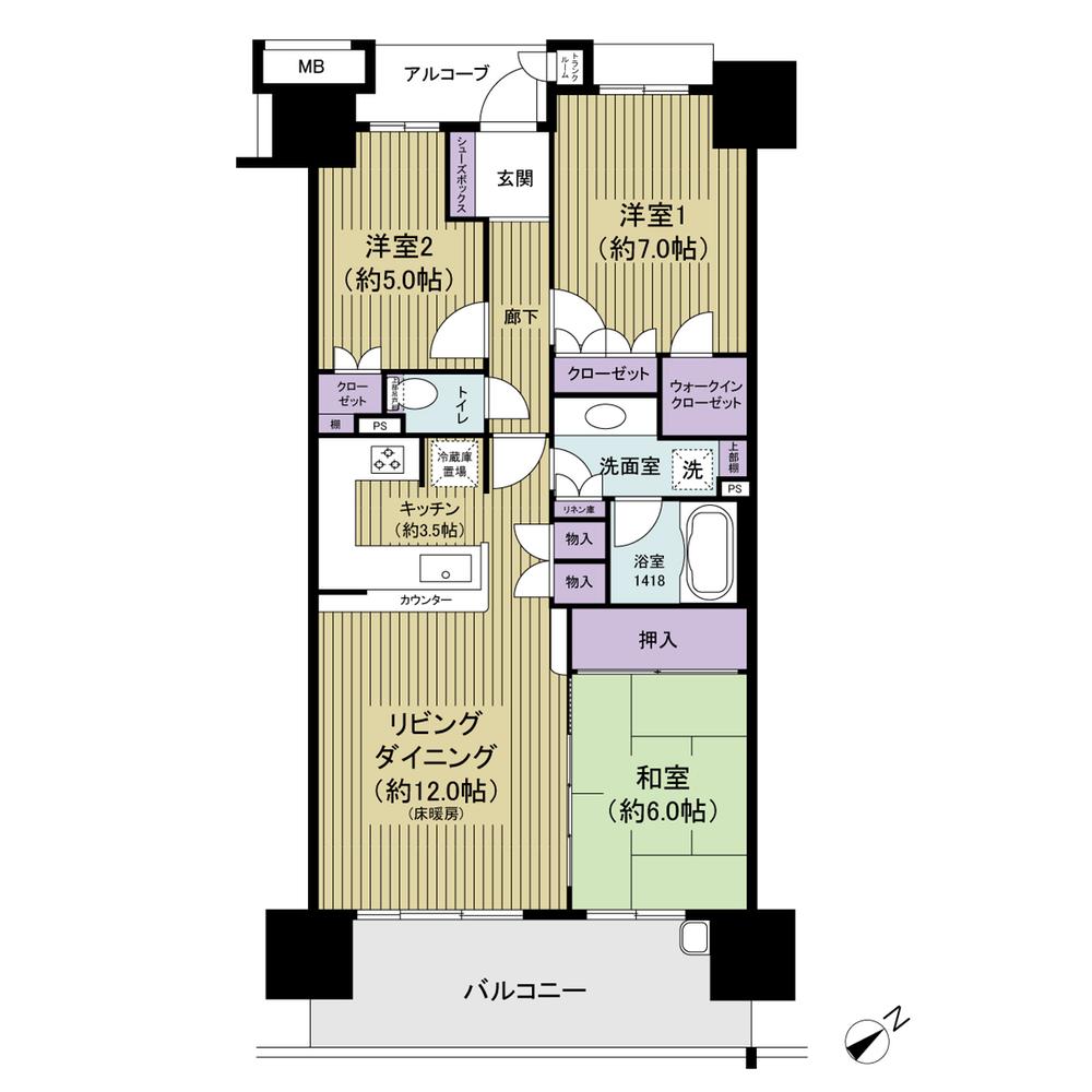 Floor plan. 3LDK, Price 40,800,000 yen, Occupied area 75.31 sq m , Balcony area 12.8 sq m 75.31m2, 3LDK, U-shaped kitchen, Southeast