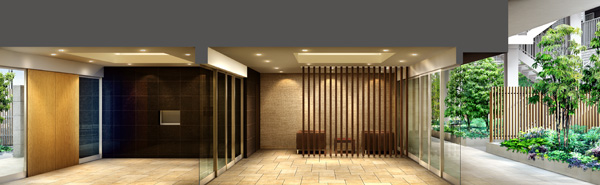 Shared facilities.  [West Terrace Entrance Hall Rendering] Entrance Hall, which was unified in tea system, Natural stone, Border tile wall and comb argument wall, Vertical grating in conjunction with an external, Adult space where calm. Lounge was installed sofas and low tables, It can also be used as a meeting space. With fine materials and design over the details, It was to create a space of graceful hospitality. Lurking is aesthetics, Space of hospitality.