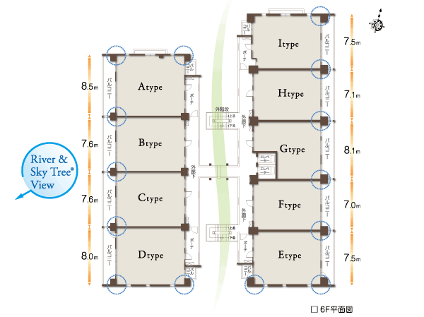 Shared facilities.  [West Terrace 6F plan view] 7 to allow for excellent lighting and ventilation ~ Wide span design of 10.6m. Towards the two buildings with a volume in the east and west, 3 ・ It was configured in 4LDK. Westward dwelling unit is, Gracefully downtown Nakagawa over, Wider view overlooking the Tokyo Sky Tree (R) in the mid-to-high-rise floor.