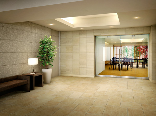 Shared facilities.  [East Terrace Entrance Hall Rendering] Elegant entrance hall of the previous summarized in whitish is, Will be the open space that straight to the exit to the community space and the south side of the terrace. You can feel the breadth and peace every time you pass through here every day, It is a high-quality entrance.