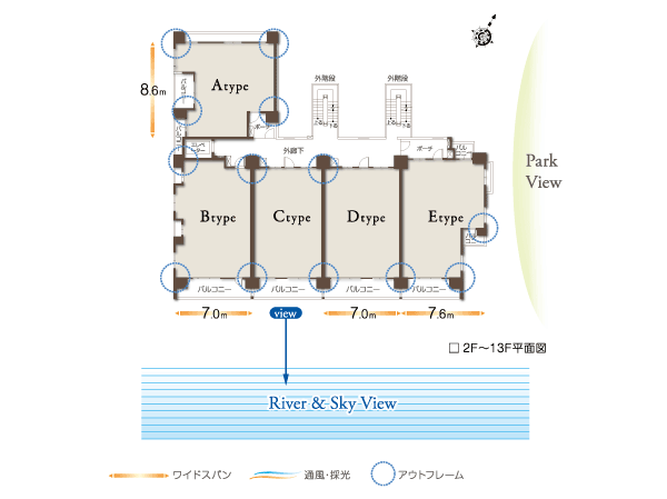 Shared facilities.  [East Terrace 2F ~ 13F plan view] Relax in a private space that has been wrapped in bright sunshine, Excellent corner dwelling unit rate of about 59 percent of the East terrace in daylight. Taking advantage of the location, which was blessed with a sense of openness, It was summarized in simple to center a comfortable southeast of dwelling unit.