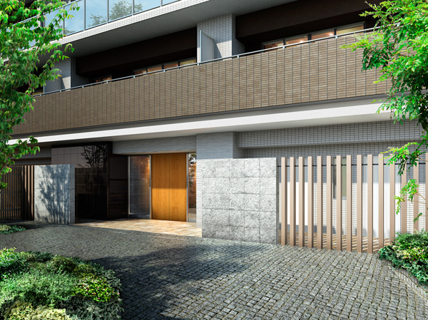 Buildings and facilities. Entrance to stately feel and set foot into the premises from the street. Approach the symbol tree of both sides welcome the, Pinkoro stone Earl and the floor was gently painted I feel the depth. Wood-tone vertical lattice and stone paste decorative wall that utilize the natural texture, It was configured in the door of the wood tone. (West Terrace Entrance Rendering)