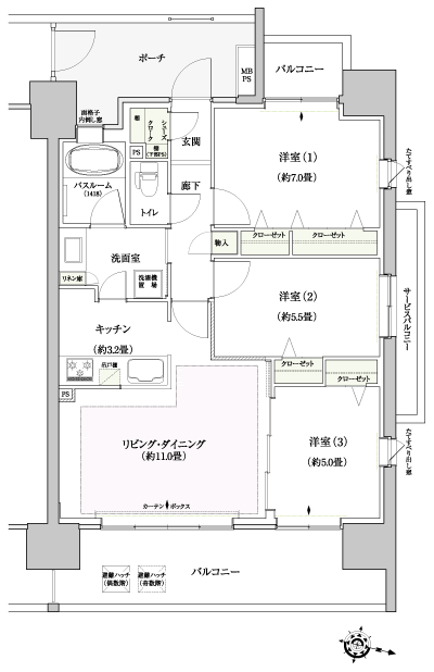 Floor: 3LDK + SC, occupied area: 70.35 sq m