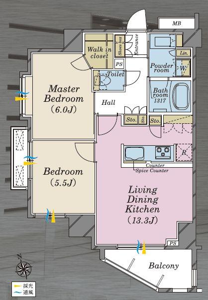 Floor plan. 2LDK, Price 38,300,000 yen, Occupied area 56.61 sq m , Sunshine on the balcony area 5.33 sq m southwest angle room ・ Good to draft both. There is no dark room.