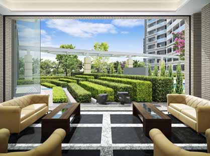 Shared facilities.  [View Lounge] Beautiful courtyard of greenery and flowers to like a piece of painting, Lounge facing from the opening of the wall-to-wall. Spacious and relaxing on the sofa, With views that spread to the outside of the window, You can spend the elegant moments. (Rendering)