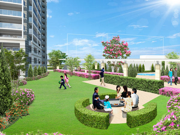 Shared facilities.  [Barbecue garden] Sunny day, Lunch thing also fun in the outdoors. In one corner of the courtyard, We have prepared a barbecue garden surrounded by trees a circular table and bench. Under the pleasant open-air feeling of opening, Dining options at the picnic with family and friends. (Rendering)