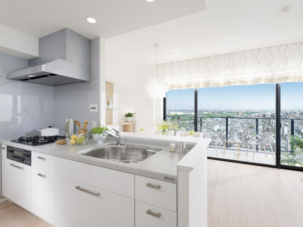 Kitchen.  [kitchen] Face-to-face kitchen can enjoy exhilarating views while cooking. Conversation with family in LD is smooth. Also up housework efficiency in the fully-equipped. further, The counter top, beautifully, Also adopted an easy artificial marble maintenance. It will produce the upscale kitchen. The following photos, C type ※ 2011.5 shooting MR plan ※ Free of charge (including paid option) Yes application deadline ※ In fact a slightly different is view photos from the local 23-floor equivalent to (2011.7 shooting) and CG synthesis.