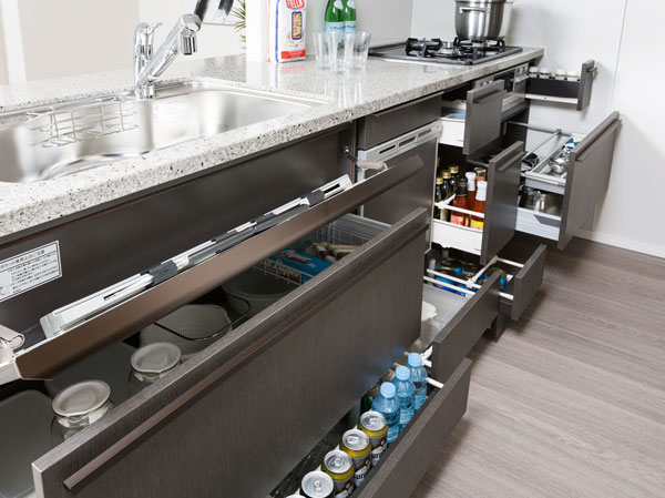 Kitchen.  [All slide storage] Under-counter storage is also taken out easily slide drawer back of the thing.  ※ Lil pocket is optional
