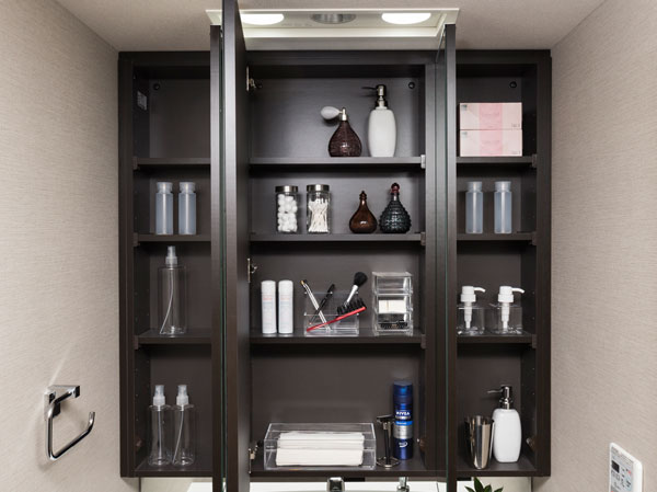 Bathing-wash room.  [Three-sided mirror back storage] Adjustable shelves housing the tissue box was secured just fits depth.