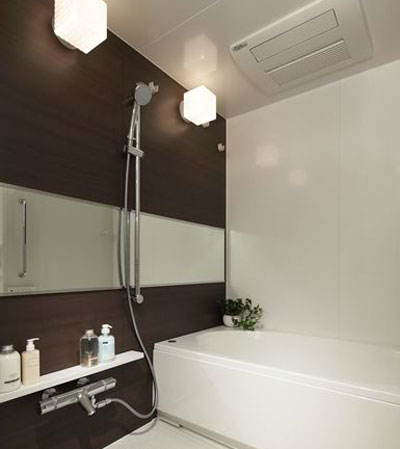 Bathing-wash room.  [Bath Room] Adopt a large unit bus of about 1.4m × about 1.8m that can bathe comfortably. In low-floor type in consideration of the safety, Floor FRP panel, The wall is a half mirror decorative panel. Also a point of interest enhance the functional aspects of music such as a remote controller to feel free to enjoy a TES type bathroom heating dryer and music.