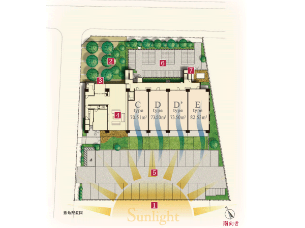 Shared facilities.  [Site layout] (1) all households south-facing sunny design. (2) Green of moisture full leaf Terrace. (3) imposing stance. Wide frontage of the entrance. (4) bright and airy. ä¸Šè³ªæ "Ÿæ¼,ã † ã,¨ãƒ³ãƒãƒ © ãƒ³ã,¹ãƒ © ã,|ãƒ³ã,¸. (5) å ‡ ºã -å ... ¥ ã,Œã Œæ ¥ ½ã ª æ • · åœ ° å † ... å ... ¨åŒºç "» å¹³ç½®ã é§ è »Šå '. (6) é§ è¼ªå'ã ¯ã Ÿã £ ã · ã,Šã ¨ 200ï¼ ... ç ¢ ºä¿. (7) to pursue the peace of mind that support the livelihood, It provides a variety of fire-prevention equipment.