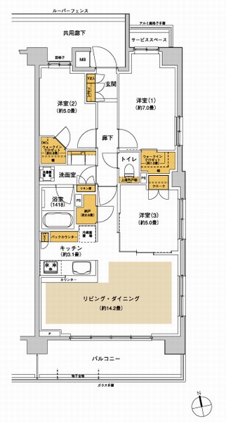 Interior.  [Southeast corner dwelling unit of the three-sided lighting ・ Enhancement also large storage] G type ・ 3LDK + 2WIC + N footprint / 74.79 sq m balcony area / 11.34 sq m service space area / 1.80 sq m  ※ WIC = walk-in closet, N = storeroom