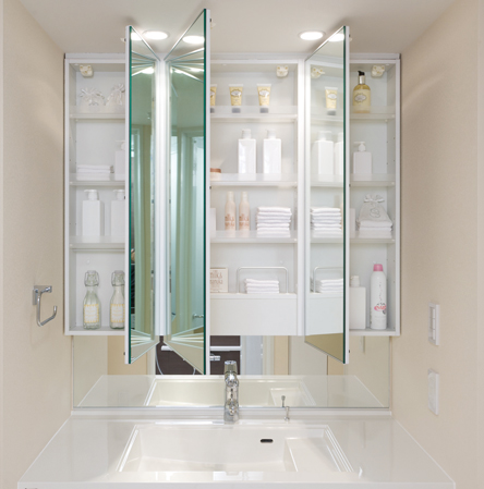 Bathing-wash room.  [Three-sided mirror with vanity (with hand proof)] Three-sided mirror with vanity with the combined three-sided mirror under mirror for children's eyes. Ensure the storage rack on the back side of the three-sided mirror. You can organize clutter, such as skin care and hair care products. Also storage rack is clean and maintain because it is clean and remove. Counter and bowl in the integrally molded with no easy seam of care, Beautiful luster artificial marble. A bowl of linear square form, Directing the urban basin space. (Same specifications)