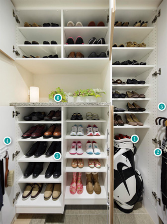 Interior.  [Oberstdorf original footwear input (multi shoes shelf)] The footwear in of Oberstdorf originals and family shoes and umbrella can be plenty of storage as standard equipment. It becomes the position of those who use, I'm happy item the know-how of many years of life stage creation in life was to shape. (Same specifications) (1) tall storage (2) umbrella stand bar and slippers storage (3) fit the storage width to the shoe size (4) 5 stations hook (5) small tray (6) niche counter