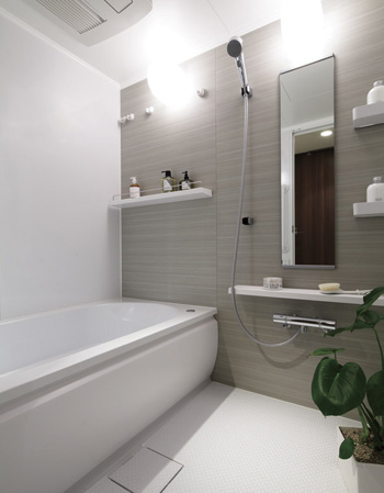 Bathing-wash room.  [Bathroom] Ya smart counter to put such as shampoo and lotion, It was equipped with a convenient and easy-to-use smart shelf put the items you do not want to wet.