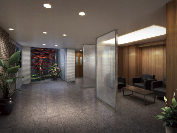 Shared facilities.  [Lounge space that becomes the oasis was provided on the contact with the outside] Within the entrance hall, It has established the lounge as a public space of relaxation and Talking. Space to feel the calm and elegance, It symbolizes the time that flows to living here. In front, Also it provided a basis garden, such as planted Acer palmatum. (Entrance lounge Rendering)