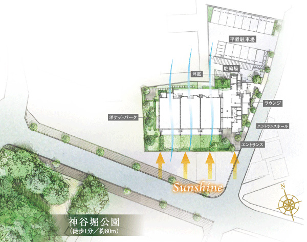 Buildings and facilities. Indispensable to elegant and comfortable living. That it is a south-facing life stage. Zenteiminami facing layout will come true feelings. Also, The site, It has established a "pocket park" as a place of recreation and relaxation for those who live here. At the time of the emergency, Stool also become stove has also been established. (Site layout concept illustration)