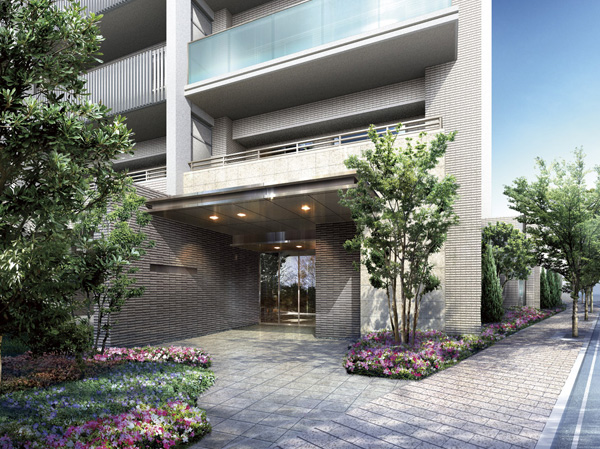 Buildings and facilities. Entrance approach, Planting ・ Wall to receive a line-of-sight ・ Eaves ・ It leads people to the entrance at the gate type of large-format tile. As keynote the tile with a direction of the side glance, I was aware of the connection to the entrance. (Entrance Rendering)