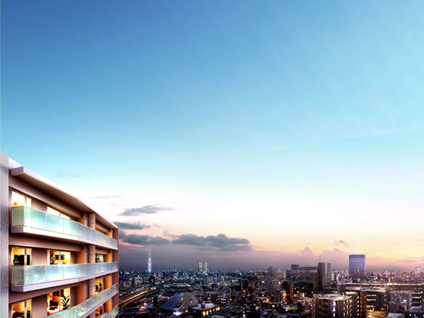 Shared facilities.  [Yamanote Line a sense of openness on foot 7 minutes] And lightly mastering the JR Yamanote Line, Is released from the hustle and bustle of the on-time. Place to enjoy the private, It is full of brightness of all households southwestward. In the land of sunshine and wind pours "Tabata" station 7-minute walk, With a commitment of design and nestled of sophistication, 41 House unleashing mind. To live, The new space, Plus a much-valued sense of openness. (Exterior - Rendering / Southwest from the local top floor 14th floor equivalent ・ West ・ Those obtained by combining the appearance Rendering on the lookout photo overlooking the northwest (March 2013 shooting), In fact a slightly different)