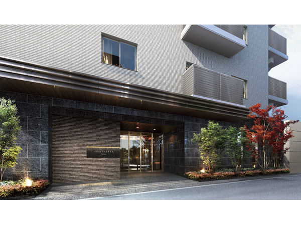 Shared facilities.  [Pick of the room, Stance of the mansion] Complete the walk from the station, Earlier that followed the approach of street trees is contiguous. It seemed to come to the, Ivory color bright outer wall tiles and milky glass handrail (1 floor and service balcony ・ Fine facade except A type) to produce a sense of open. It gracefully welcomed the live better poised entrance that you configured in the massive granite. (Entrance Exterior - Rendering)