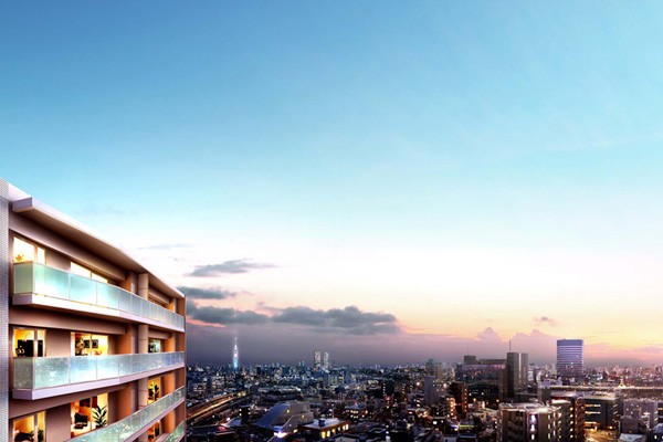 Building structure. Published photograph of the southwest from local top floor 14th floor equivalent ・ West ・ Those obtained by combining the appearance Rendering on the lookout photo overlooking the northwest (March 2013 shooting), In fact a slightly different