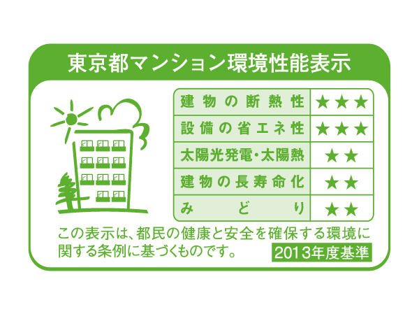 Building structure.  [Tokyo apartment environmental performance display] Based on the efforts of the building environment plan that building owners will be submitted to the Tokyo Metropolitan Government, 5 will be evaluated in three stages for items.  ※ For more information see "Housing term large Dictionary".