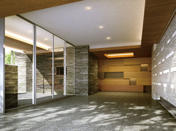 Buildings and facilities. Glassed-in entrance, Produce a continuity and a sense of unity with the outside. During the day, in harmony so as to incorporate the views of the trees and the surrounding, As a light mood night rich town, Greet warmly the people to go home. Also, The approach in the building by crank birth to ice top effect, Protect your privacy. (Entrance Hall Rendering)