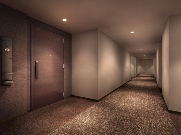Shared facilities.  [Corridor inner conscious privacy] Hotel-like space where air conditioning is fully equipped. In addition the same property, "Guest room" of two to visitors of accommodation and parties, etc., Convenient for when you walk your dog "pet foot washing place.", As a precaution, food ・ water ・ It features an extensive shared facilities of the disaster prevention equipment accumulated a certain amount of "stockpiling warehouse" such as large-scale unique. (Inner corridor Rendering CG) ※ Use of each shared facility is based on the management contract (some fee required)