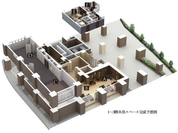 Shared facilities.  [In a variety of space, Directing the lives of scene] "Lounge" reminiscent of a hotel lobby in the stately nestled, It provided the Children's Playground Ya "meeting room", Even if you live not only in visitors two available "guest room.", Effectively take advantage of the site, It offers a space to direct the lives of the scene, or the like can approach without getting wet even on rainy days "underground parking".  ※ A: library, B: Lounge, C: Children's Playground, D: assembly room, E: Sakura suite, F: Momiji suite